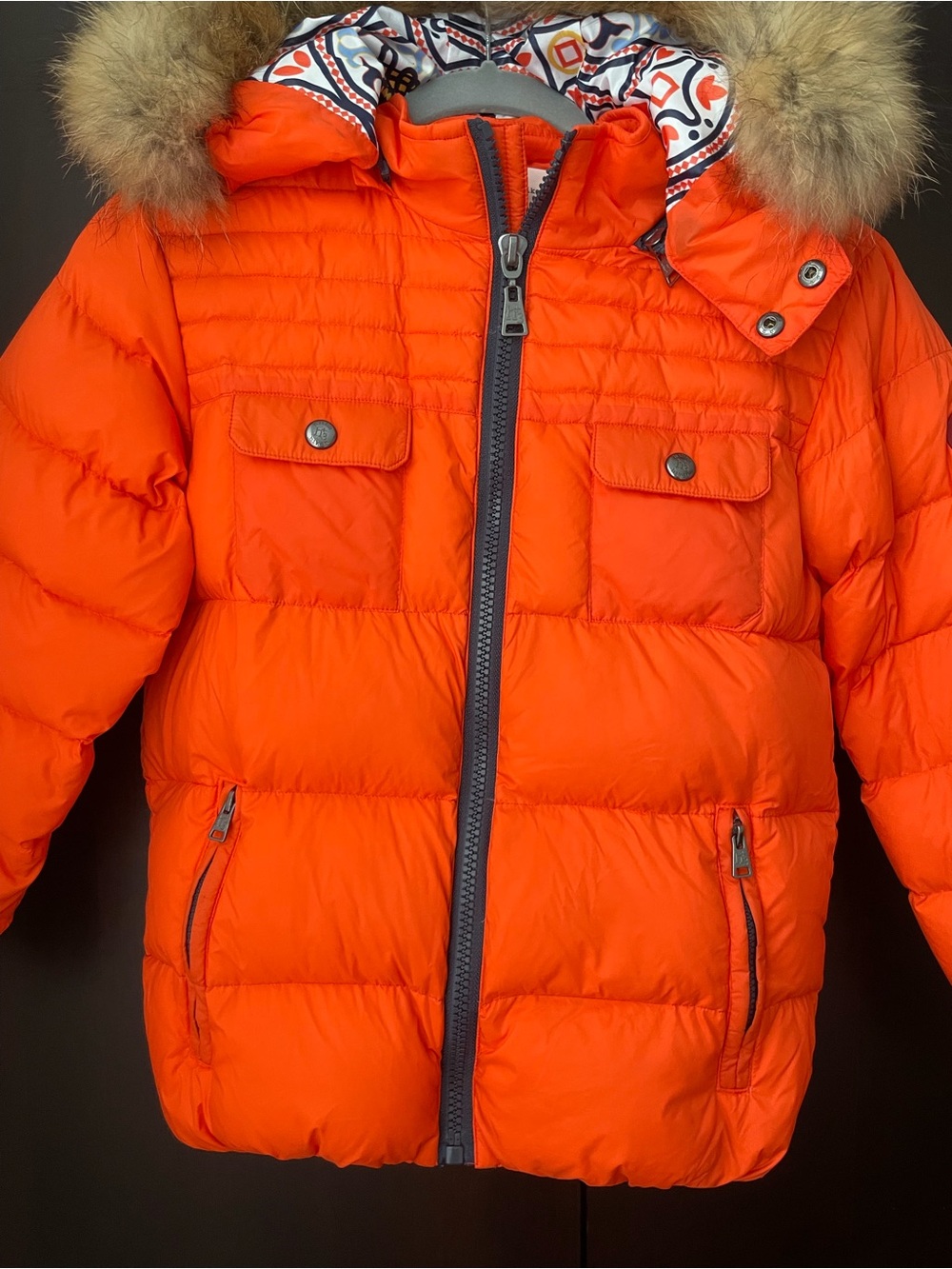 MonnaLisa Hitch hiker Orange Jacket with real fur collar Size 10-12 - Picture 2 of 8